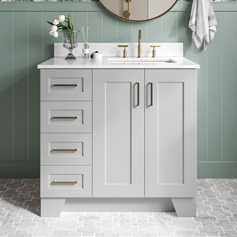 Meuble-lavabo simple en bois massif 37 po gris Freitas avec plateau en marbre de Carrare 0,75 po, évier droit décalé, Oui
