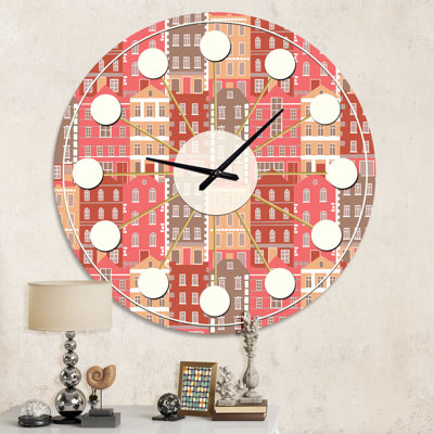 Maisons colorées dessinées à la main - horloge murale moderne Mid-Century