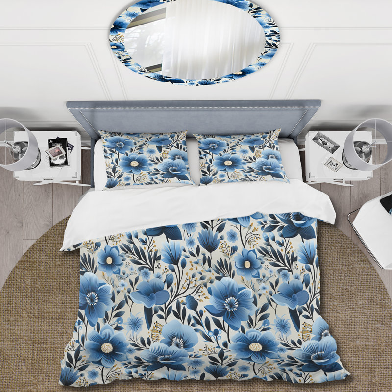 Ensemble de housse de couette à motif floral rétro bleu et beige, Housse de couette pour grand lit et 2 taies décor