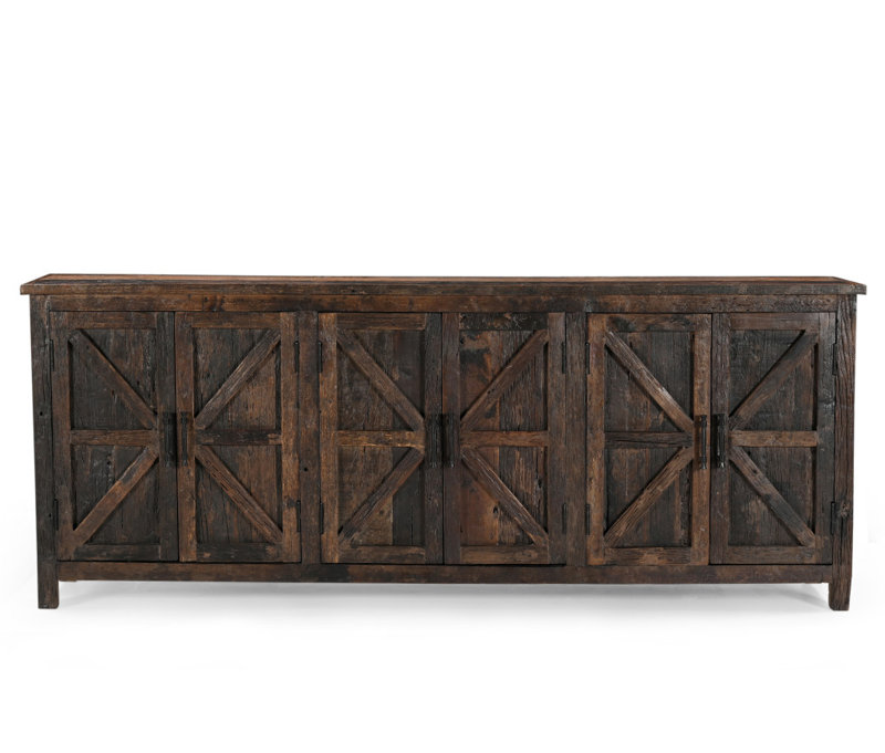 Buffet 84 po en bois récupéré brun foncé patiné avec six portes 84 po