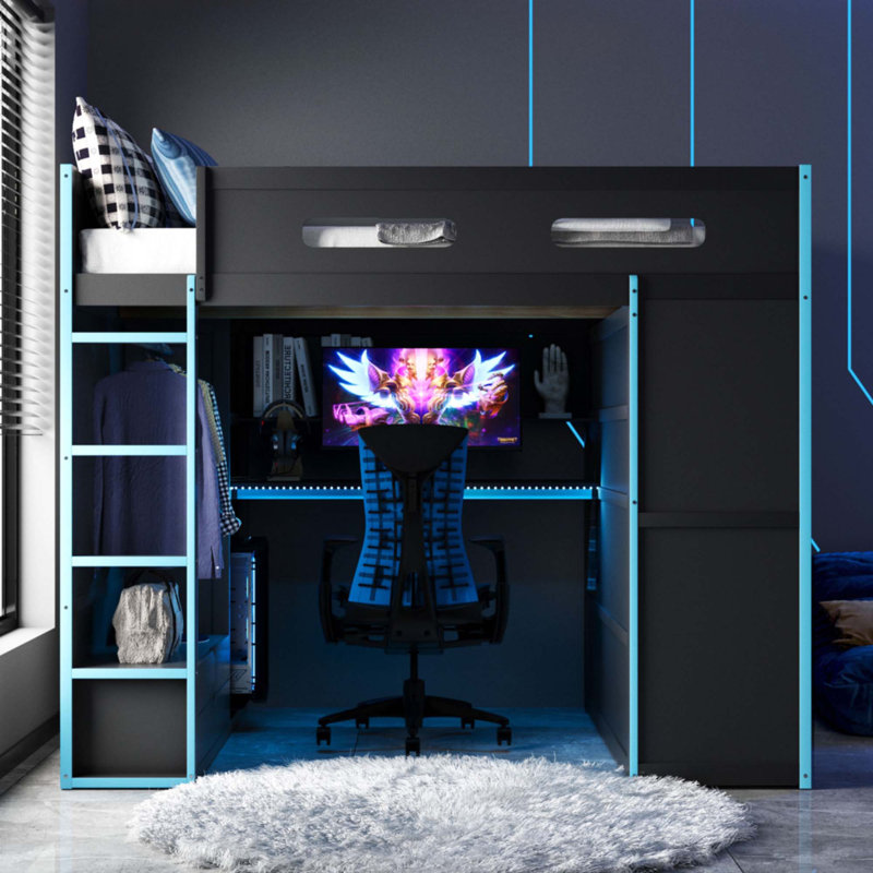 Lit mezzanine double en bois avec bureau, Bleu