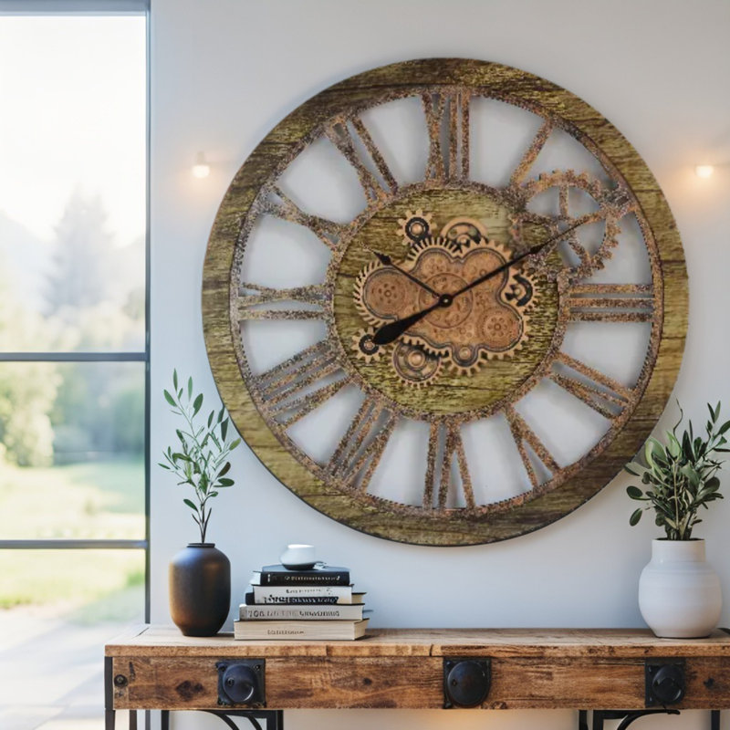 Wall Clock 36" Round Oversized for Living Room decor with Real Moving Gears America Collection, Gold Antique