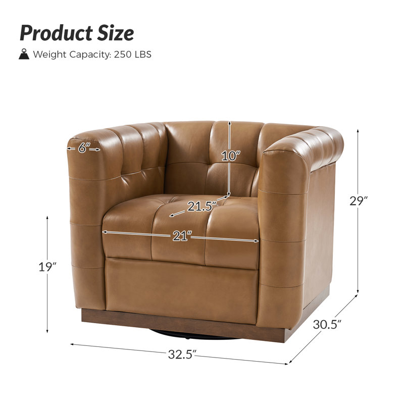 Fauteuil club pivotant carré en cuir véritable l 32,5 po Sonika, Chameau