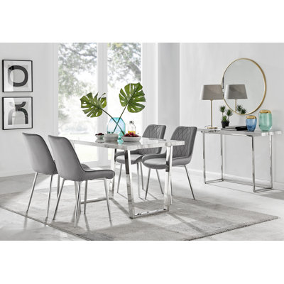 Kylooe Modern Marble Effect And Silver Dining Table Set With 4 Luxury Velvet Dining Chairs