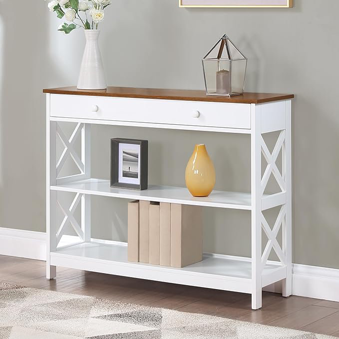 Rectangle MDF ConsoleTable with Drawers;Shelves, Driftwood/White, 31.50" H x 12" W x 42" D
