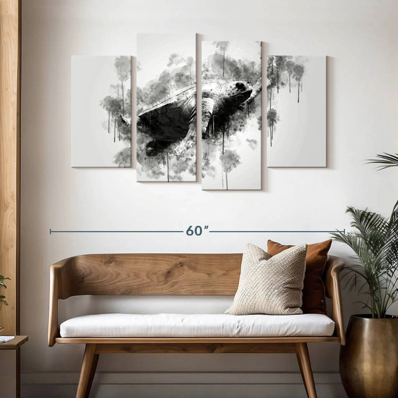 Tortue de mer noir et blanc, H 32 po x l 52 po