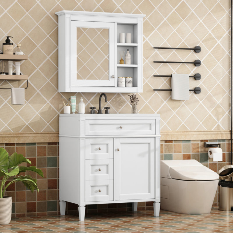 Ensemble de meuble-lavabo autoportant 30 po avec lavabo supérieur, meuble-lavabo moderne avec 2 tiroirs et un tiroir basculant, meuble-lavabo autoportant avec miroir et meuble-lavabo simple