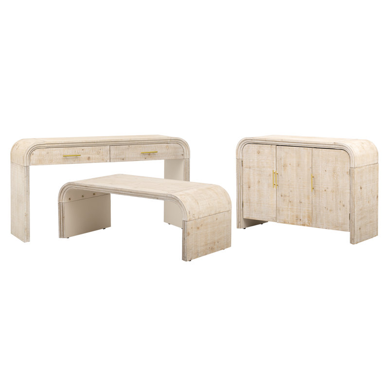 Ensemble de meubles rétro 3 pièces avec buffet, console et table basse pour l'entrée ou le salon, Bois naturel