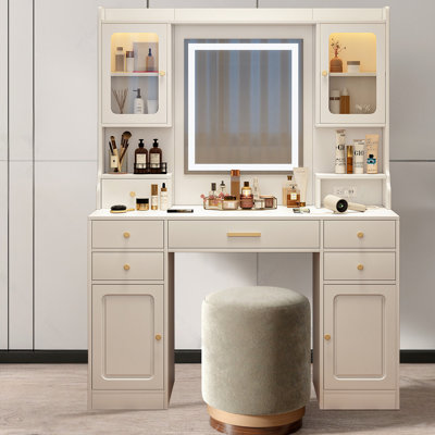 Vanity Table Set With Mirror, 6 Drawers & Ample Shelves