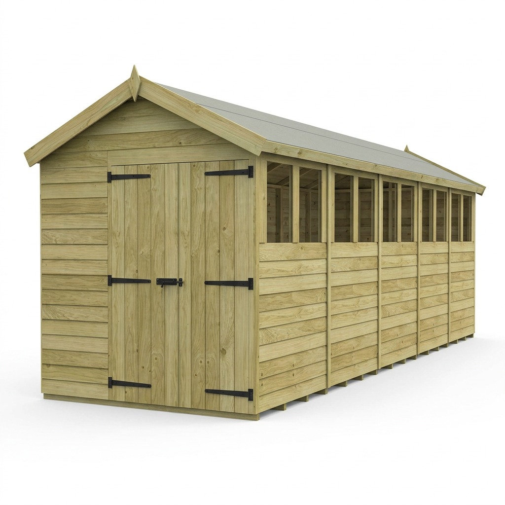 Total Sheds 6ft x 20ft Apex Garden Shed - Double Door - With Windows - Pressure Treated Timber - UK Manufactured