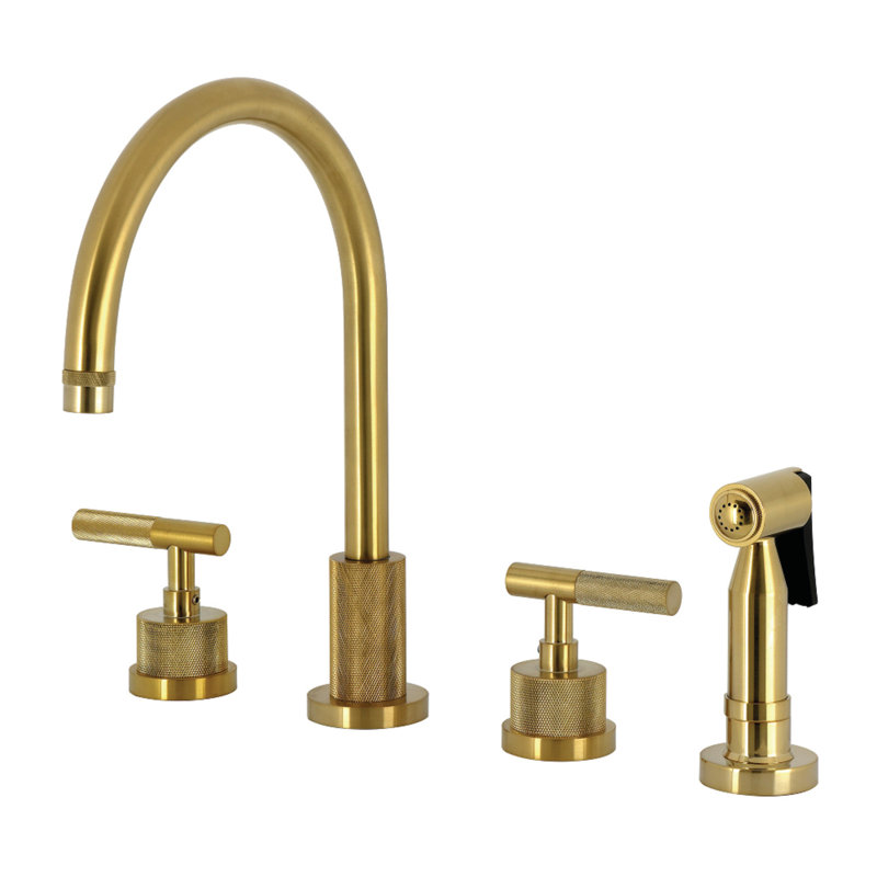 Kingston Brass Convergent Double-Handle 4-Hole Widespread Kitchen Faucet With Knurled Handle 4-Hole And Brass Sprayer