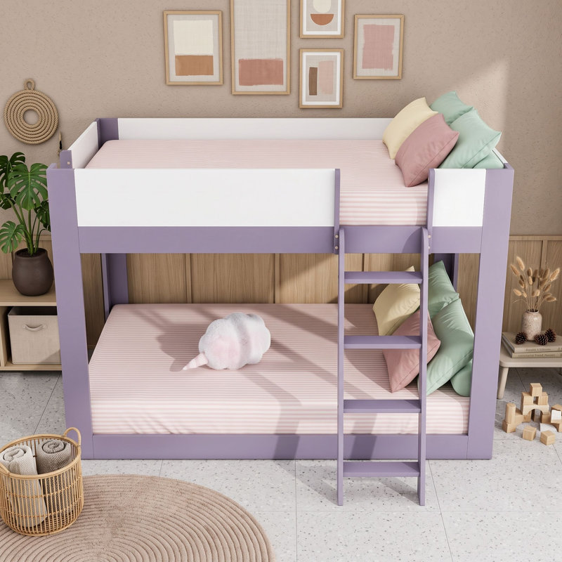 Lit superposé à profil bas avec échelle réversible et garde-corps, Double sur double, Blanc mauve