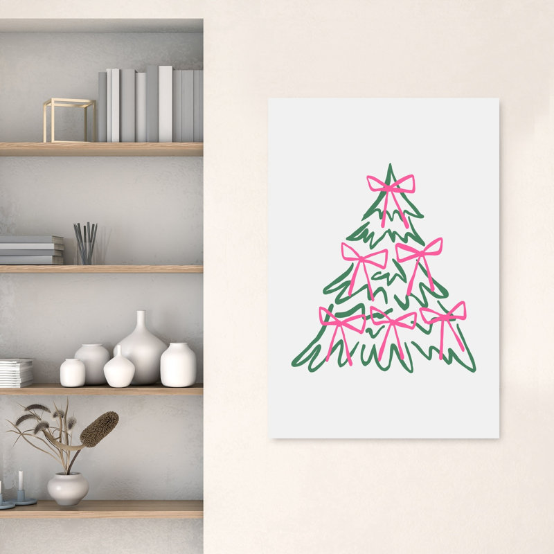 «Pink Bow Christmas Tree Abstract Contemporary Christmas Tree Winter Landscape», reproduction d'art mural, 48" H x 32" W
