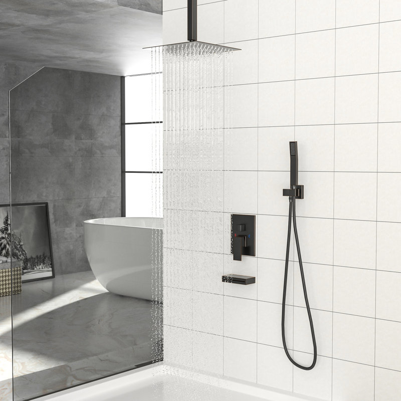 Douche de plafond avec bec cascade - douchette carrée de 12 po, à main, bronze huilé, baignoire et tête de réglage en bronze de 12 po, soupape, couvre abondamment