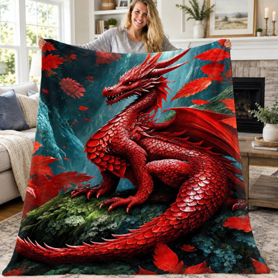 1pc Dragon Throw Blanket, Fantasy Red Dragon Botanical Pattern Flannel Blanket, Super Soft Cozy Lightweight Warm Blanket for Sofa Bed Living Room Dorm Office Travel, Home Decor All‑Season Blanket, Machine Washable, Holiday Housewarming Gift