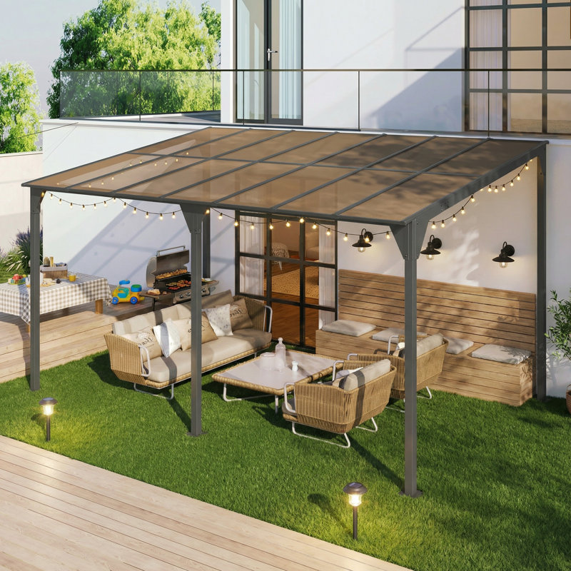 14.76X9.22 FT Outdoor Grill Gazebo - Wall-Mounted Pergola With Powder-Coated Iron Frame & PC Roof, Sloped Awning For Patio