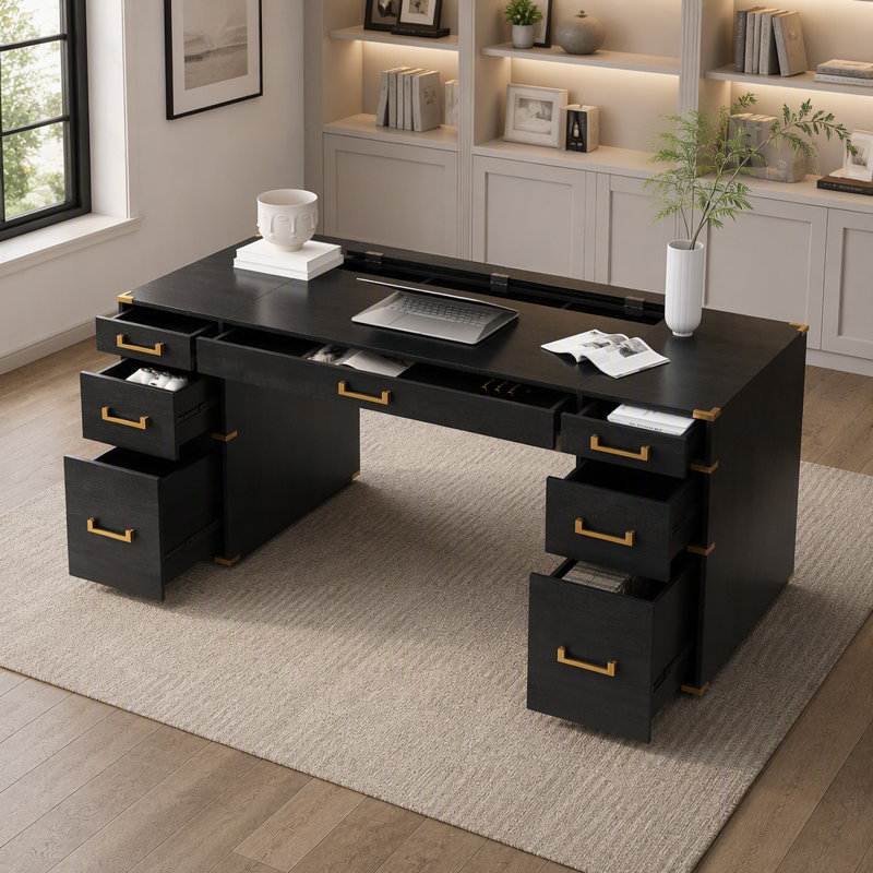 Bureau de direction classique et traditionnel extra-large de 70 pouces avec bordure métallique, ports USB et compartiment caché pour bureau à domicile et salle d'étude