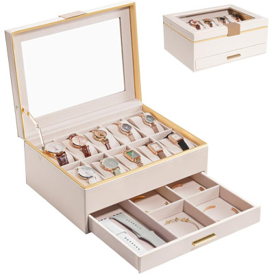 Coffret de rangement pour montres et bijoux avec couvercle en verre - Beige - Idée cadeau Saint-Valentin, 10 emplacements pour montres avec tiroir, boîte à montres pour femme à 2 niveaux, organisateur pour 10 montres