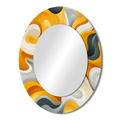 Yellow And White Midcentury Waves Fusion - Large Oval Wall Mirror On Metal