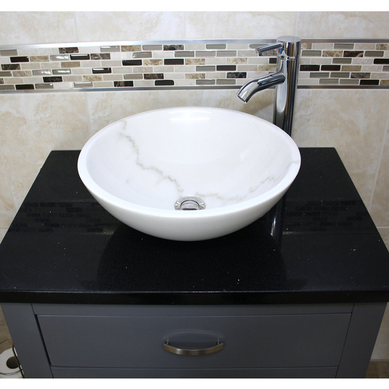Roden 751mm Single Bathroom Vanity with Vessel Stone Basin, Black Quartz, White, Grey