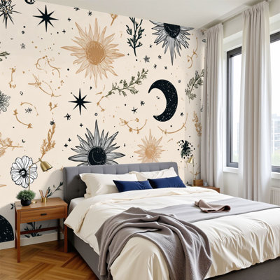Peel and Stick Wallpaper 96" W x 69" H Modern Self Adhesive Wall Mural for Bedroom Magic seamless herbs constellations moons stars Boho for astrology