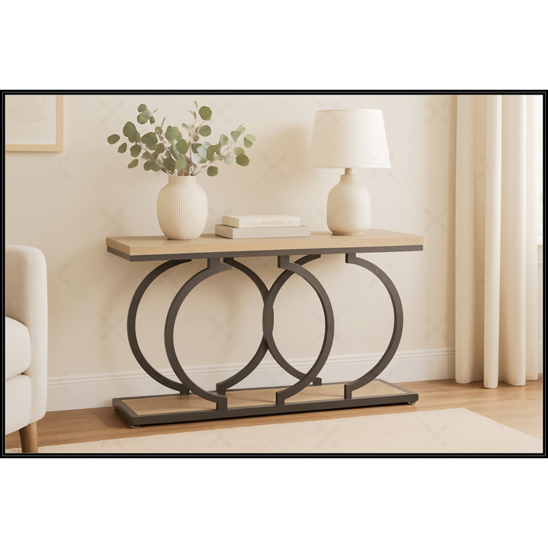 Console industrielle de 55 po - Canapé d'entrée long et étroit avec structure en métal géométrique et plateau en bois gris rétro