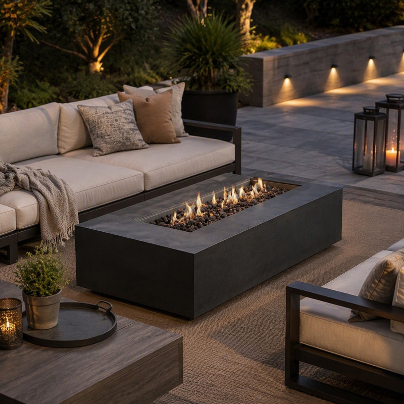 Table de foyer extérieur en béton au propane pour terrasse, foyer au gaz discret de 76 cm avec pierres de lave, allumage par bouton-poussoir, résistant aux intempéries
