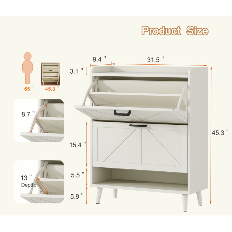 Rangement pour chaussures avec 2 tiroirs rabattables, rangement autoportant avec pieds en métal pour le vestibule, étagère à chaussures étroite, blanc