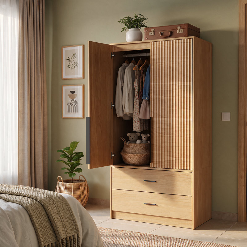 Armoire 2 portes avec tiroirs et tringle - Armoire autoportante à finition naturelle pour petits espaces