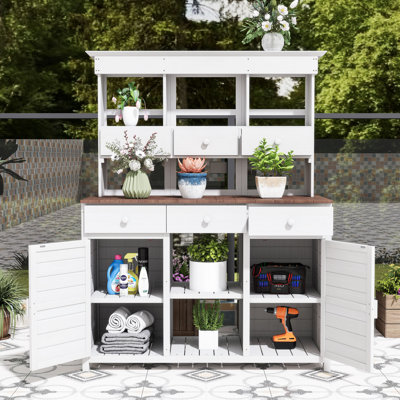 Table de jardin rustique avec huche, 6 tiroirs, tablettes, 2 armoires et crochets latéraux