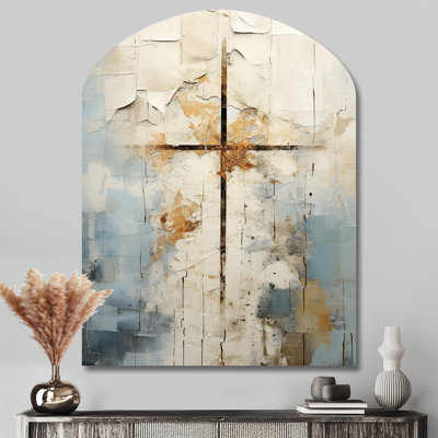 Beige Christianity Cross Of Jessus II - Asymmetrical Christianity Metal Wall Art, Arch Metal Wall Sculpture Print