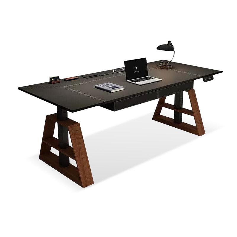Black + Nut-brown Rectangular Hight adjustable Solid + Manufactured Wood + Steel with 2 drawers desk