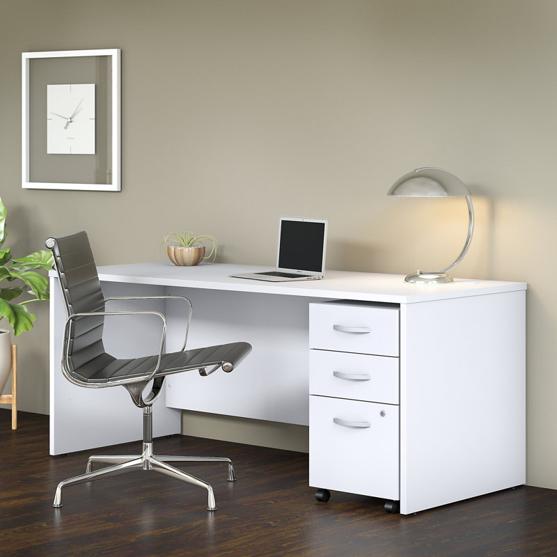 Studio C Executive Office Desk with Mobile File Cabinet, White, 29.84" H x 71.02" W x 29.37" D