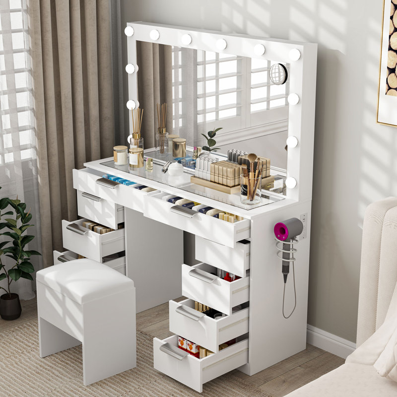 Meuble-lavabo à 10 tiroirs avec grand miroir, Noir, noir, noir, noir