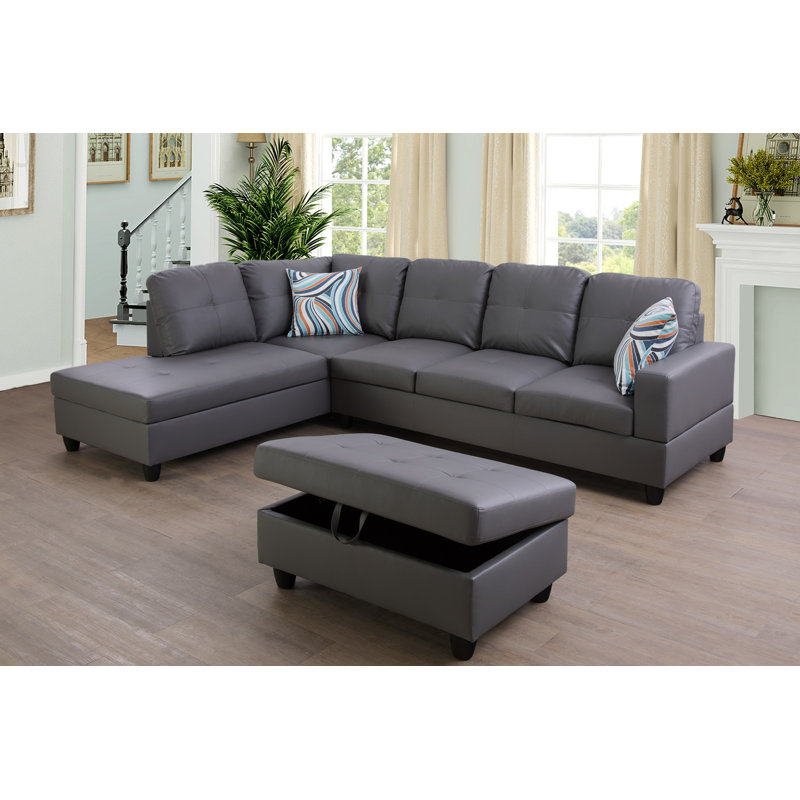 Brevard Faux Leather L-Shaped Sectional, Dark Gray, Left Hand Facing