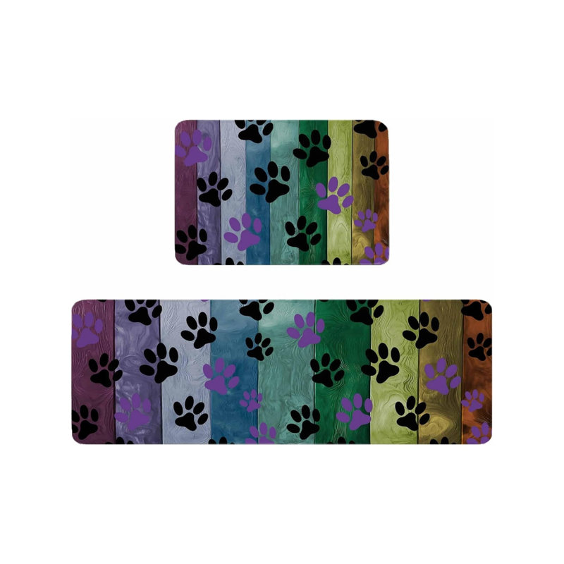 Tapis de cuisine multicolores à empreintes de pattes, ensemble de 2 tapis décoratifs pour animaux de compagnie pour la cuisine et le vestibule