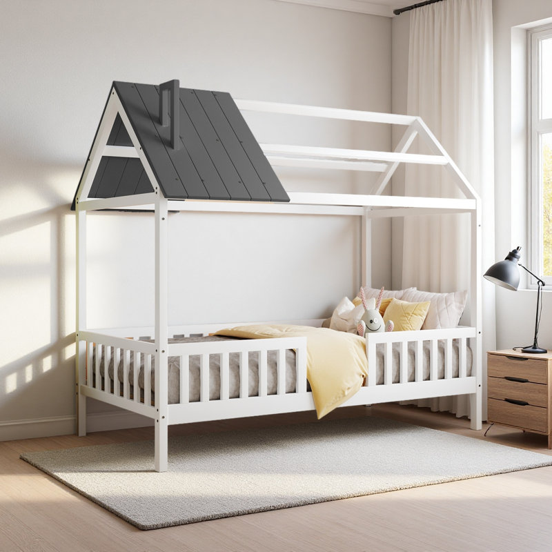 Twin Size Wood House Bed With Fence, Gray; White