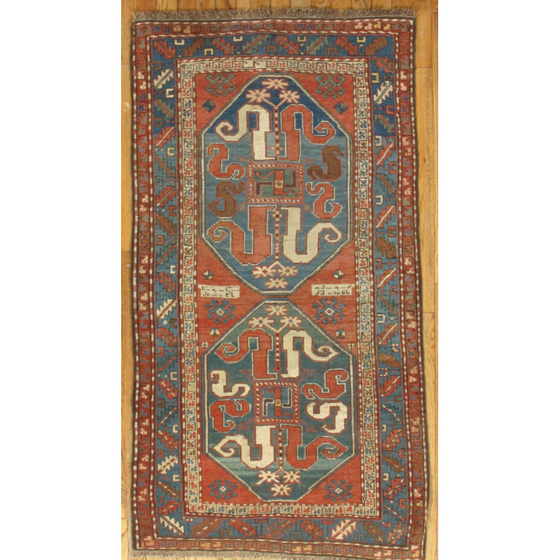 Tapis bleu/brun en laine noué la à la main antique Kazak