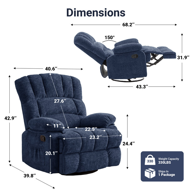 Breasha 39.7" Wide Manual Upholstered Swivel Rocker Recliner, Blue Polyester