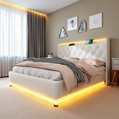 Upholstered 4Ft6 Ottoman Bed Frame With 360 Surround Led Function With Charging Function Hydraulic Storage Bed Frame With Large Storage Space  (No Mattress)