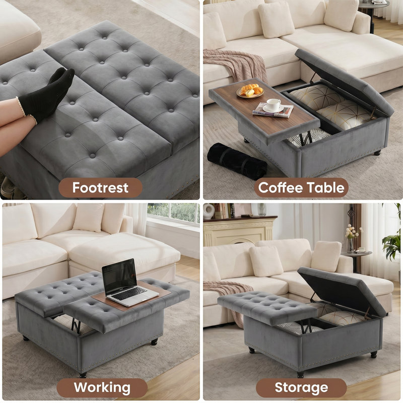 Delmontez 35.5'' Upholstered Storage Square Ottoman, Gray Velvet
