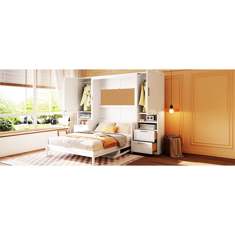 Lit double pleine grandeur avec deux tiroirs latéraux et garde-robe personnalisable, Blanc