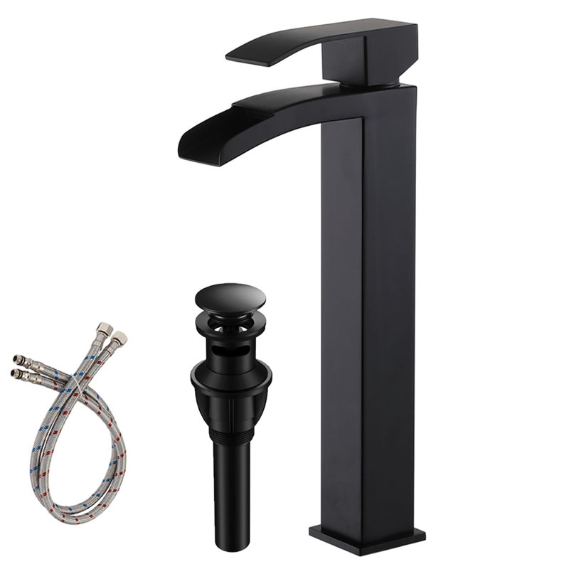 Robinet de lavabo vasque noir, poignée simple, robinet de salle de bain en cascade, robinets de lavabo avec lavabo escamotable et deux tuyaux de 3/8 po