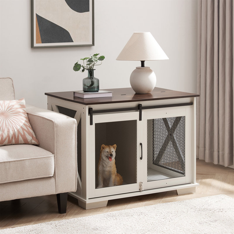 White Medium Farmhouse Dog Crate Table with Metal Mesh