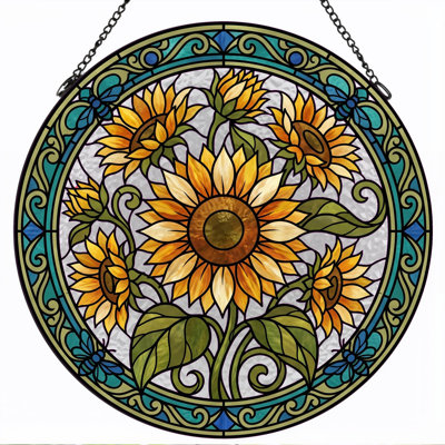 Sunflower Stained Stained Glass Window Panel，12"H