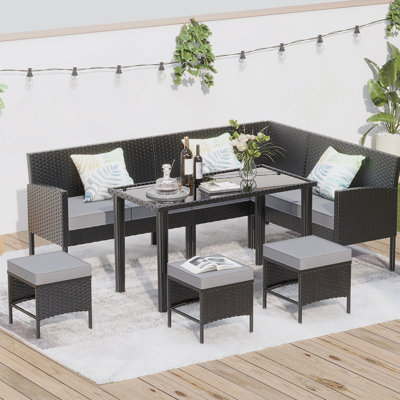 Ensemble de 7 pièces de mobilier d'extérieur pour petit espace, ensemble de mobilier de jardin, coussin de siège imperméable, table en verre, peu encombrant, convient pour la cour, la terrasse ou le jardin, bleu, gris
