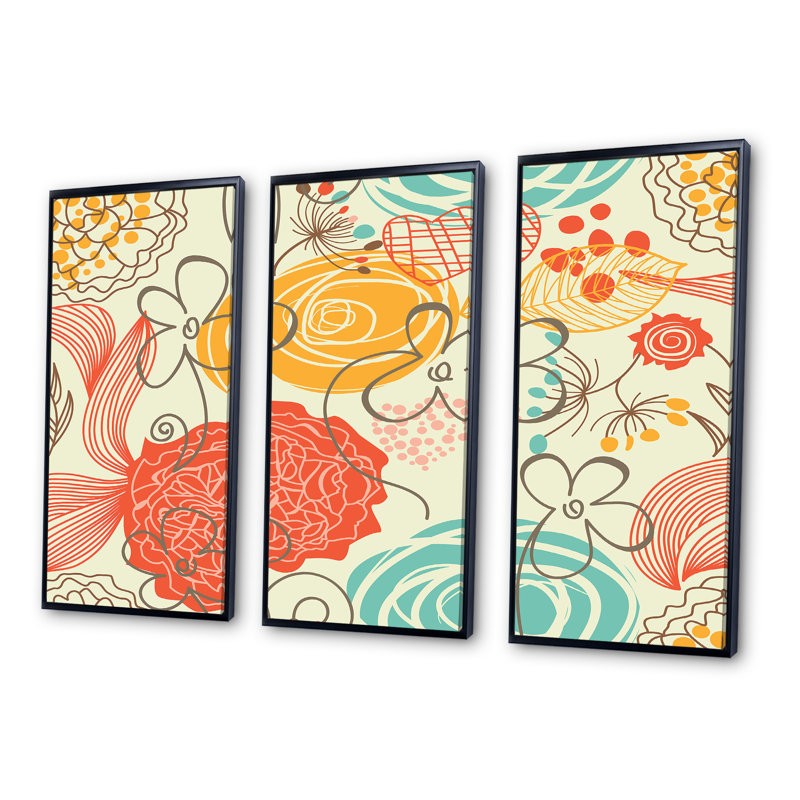 Fleurs rétro orange et bleues - ensemble d'art moderne encadré sur toile Mid-Century, H 28 po x l 36 po x P 1 po, Noir