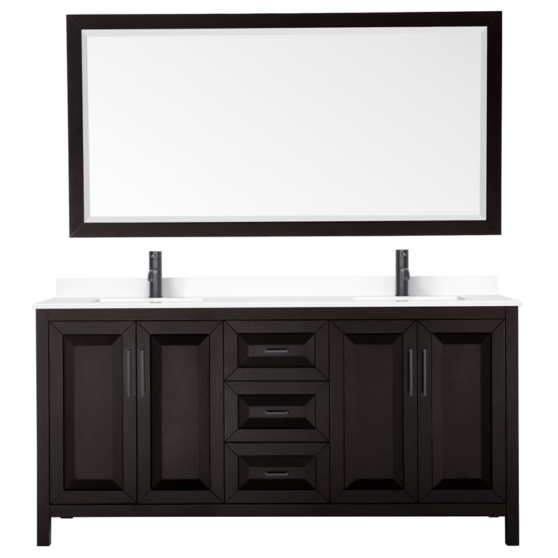 Daria 72'' Double Bathroom Vanity with Carrara Marble Top, Carrara Cultured Marble, Dark Espresso, Matte Black