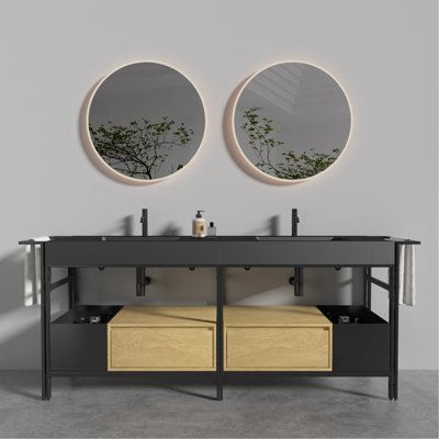 Meuble-lavabo modulaire de style industriel de 72 po (36 po * 2) avec une structure en métal robuste et un bassin en pierre artificielle noire sans couture et facile à nettoyer, sans drainage ni robinet