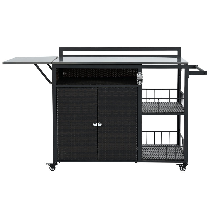 Outdoor Rolling Bar Cart Kitchen Island With Storage And Foldable Side Table